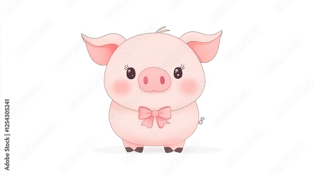 Cute cartoon piglet with a bow, standing on a white background, ideal for children's illustrations Cute cartoon piglet with a bow, standing on a white background, ideal for children's illustrations