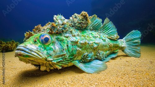 Colorful underwater fish with coral on its back resting on sandy ocean floor with clear blue background
