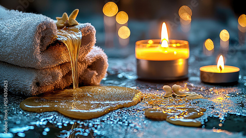 Relaxing spa scene with towels, honey, and candles creating a serene atmosphere