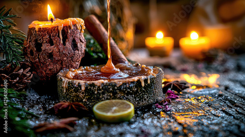 Cozy candlelit scene with honey drizzling on rustic wood, surrounded by festive decorations