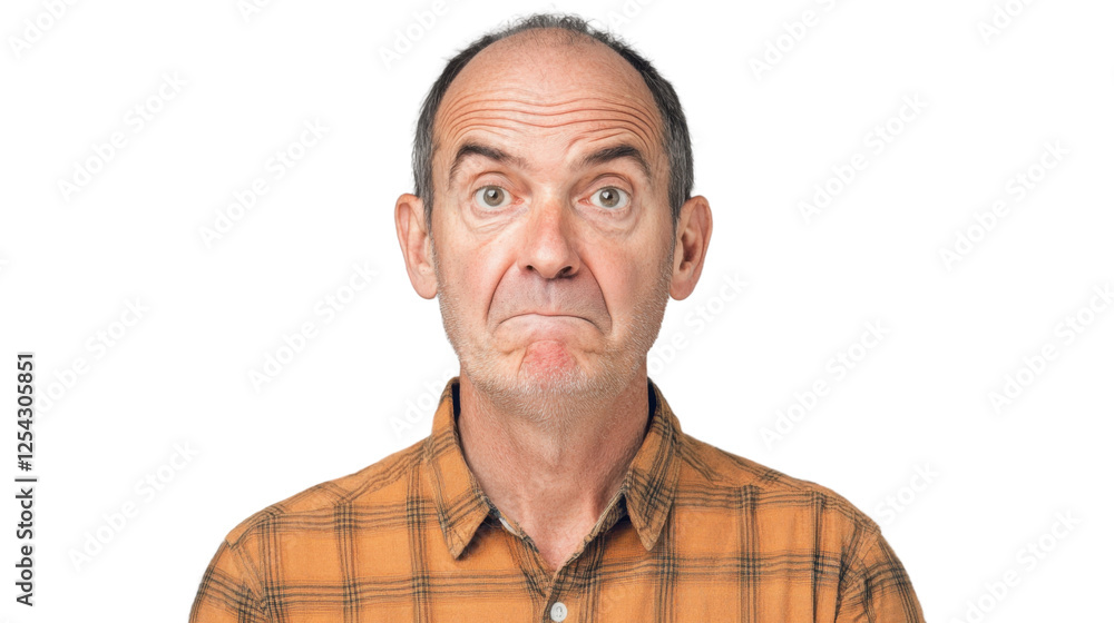 Obraz premium Confused senior man making a face on transparent background