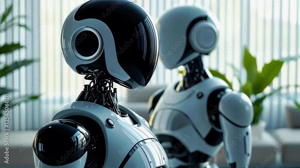 Two futuristic humanoid robots with sleek designs stand in a modern interior filled with greenery Two futuristic humanoid robots with sleek designs stand in a modern interior filled with greenery