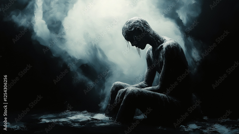 Obraz premium A sorrowful figure, frozen in grief, sits in darkness as mist swirls around, trapped between despair and solitude, lost in the weight of emotion.