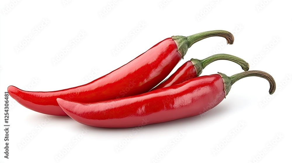 Three vibrant red chili peppers arranged artistically on a white background, ideal for culinary use Three vibrant red chili peppers arranged artistically on a white background, ideal for culinary use