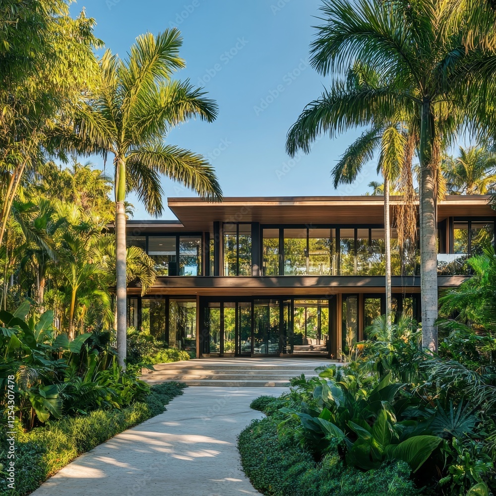 Fototapeta premium Elegant modern villa surrounded by lush greenery in tropical setting during bright sunny day