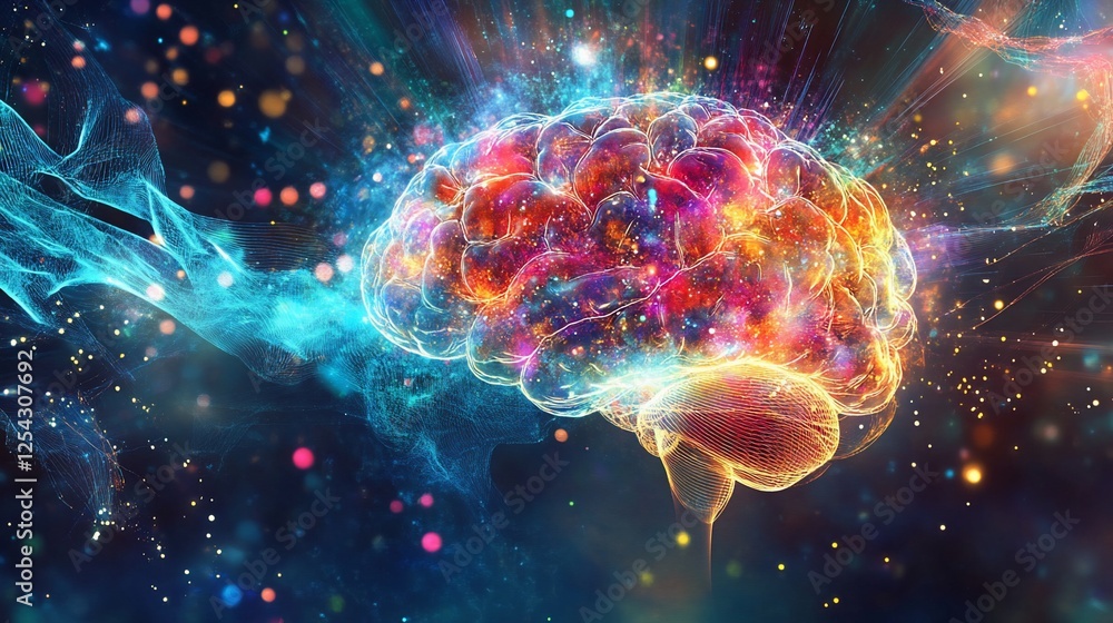 Abstract representation of human brain with vibrant light effects and a dark background Abstract representation of human brain with vibrant light effects and a dark background