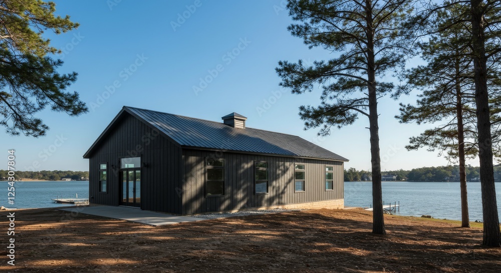 A barndominium home with black roof and black siding at lakeside A barndominium home with black roof and black siding at lakeside