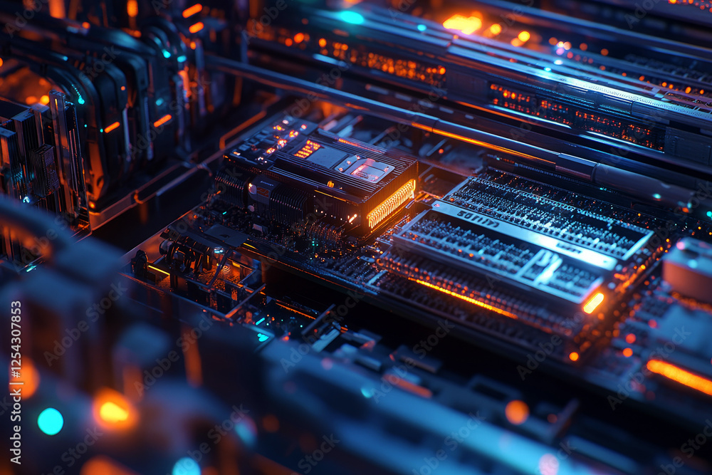 Obraz premium Bitcoin mining server farm with high-performance GPUs and advanced cooling systems for cryptocurrency processing