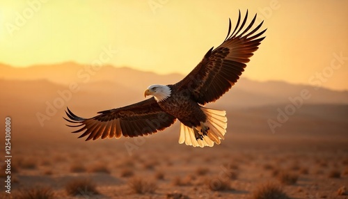 Eagle Flying Over Desert Landscape at Sunset, Freedom and Wildlife