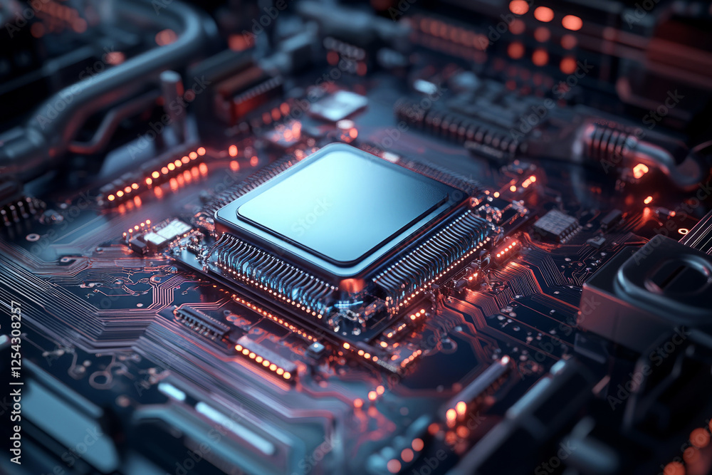 Advanced computer processor chip on futuristic motherboard with glowing circuits Advanced computer processor chip on futuristic motherboard with glowing circuits