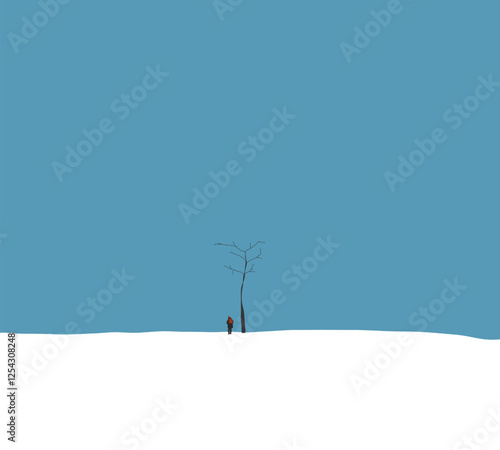 Man standing near deadly tree on mountain cover with snow under clear blue skies. Winter season natural background.