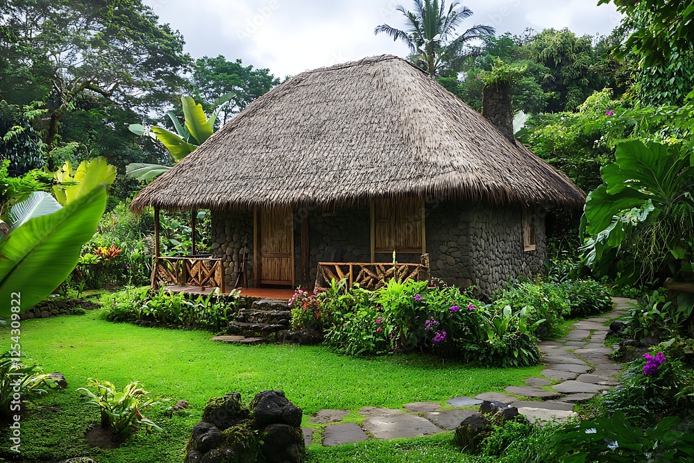 countryside stone house with thatched roof and greenery countryside stone house with thatched roof and greenery
