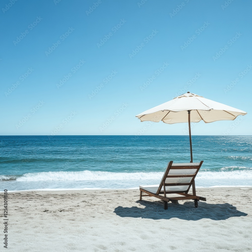 Relaxing beach getaway with lounge chair and umbrella under a clear blue sky and peaceful ocean waves. Generative AI Relaxing beach getaway with lounge chair and umbrella under a clear blue sky and peaceful ocean waves. Generative AI
