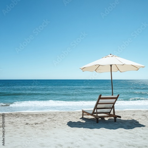 Relaxing beach getaway with lounge chair and umbrella under a clear blue sky and peaceful ocean waves. Generative AI