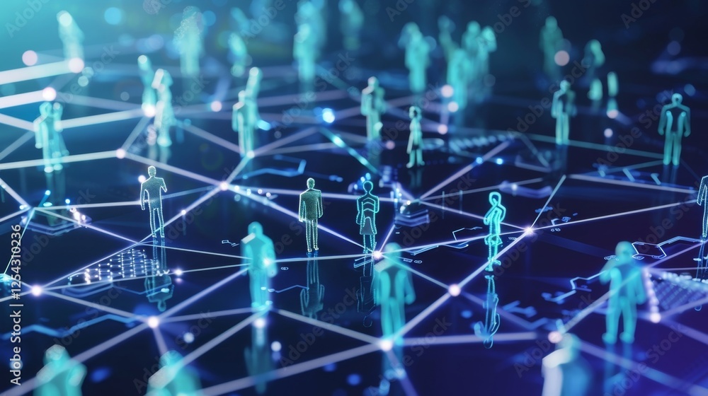 A group of doctors and patients connected through a decentralized healthcare network powered by blockchain technology for enhanced data security and privacy.