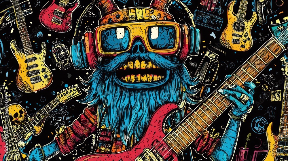 Obraz premium Cartoon skull playing electric guitar, musical instruments background