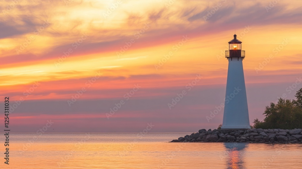 Lighthouse at sunset. Serene coastal scene with warm colors. Lighthouse at sunset. Serene coastal scene with warm colors.