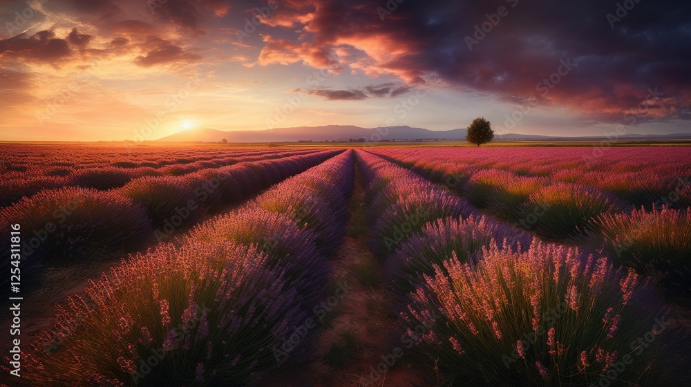 Fototapeta premium Lavender Fields at Sunset: A Stunning Landscape