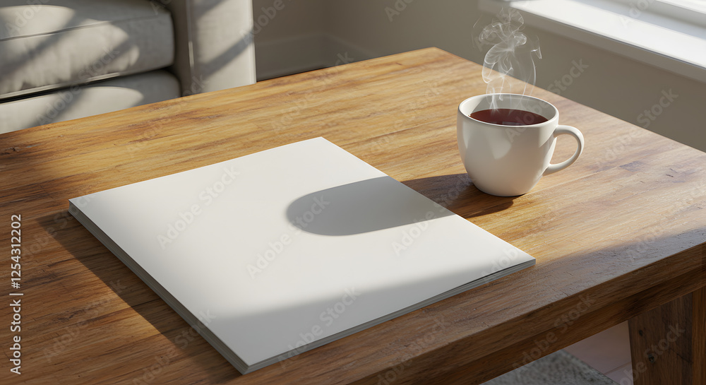 Mockup of a Brochure with Coffee Cup on a Wooden Table Mockup of a Brochure with Coffee Cup on a Wooden Table