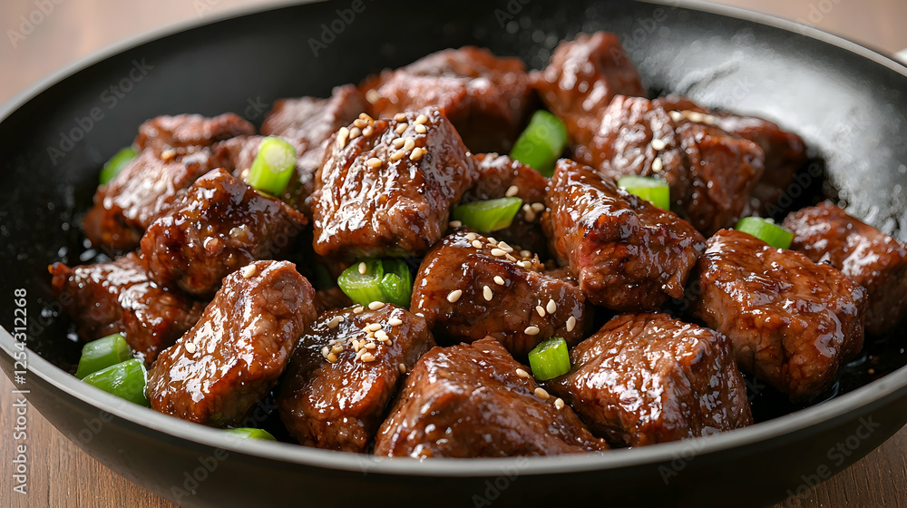 Sizzling beef cubes, sesame seeds, spring onions, wooden table, food photography Sizzling beef cubes, sesame seeds, spring onions, wooden table, food photography