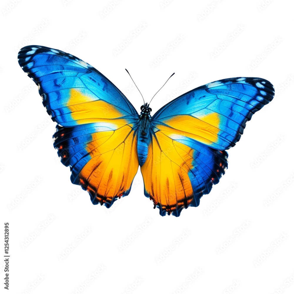 Obraz premium A vibrant blue and orange butterfly with a transparent background.