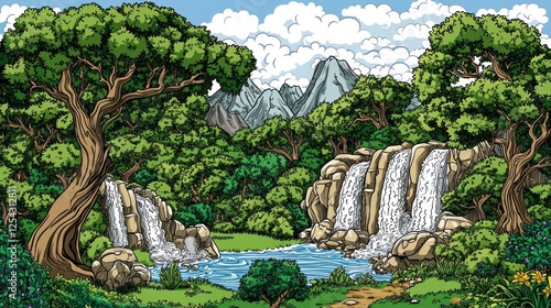 Lush forest waterfall landscape