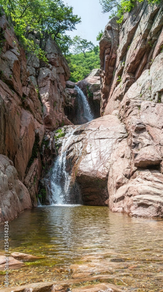 Fototapeta premium Red rock canyon waterfall scene, tranquil nature, outdoor exploration