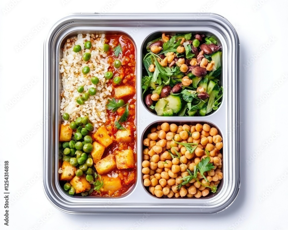 A colorful meal prep box featuring rice, peas, chickpeas, and a fresh salad, showcasing a variety of healthy ingredients. A colorful meal prep box featuring rice, peas, chickpeas, and a fresh salad, showcasing a variety of healthy ingredients.