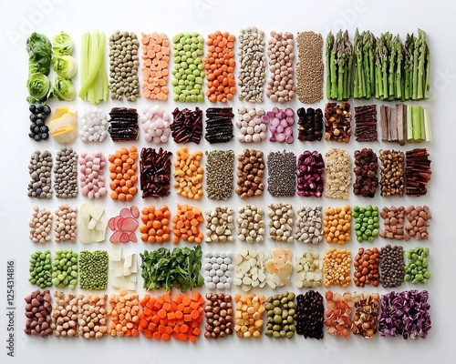 A vibrant display of assorted vegetables and legumes arranged in an organized grid, showcasing a variety of colors and textures.