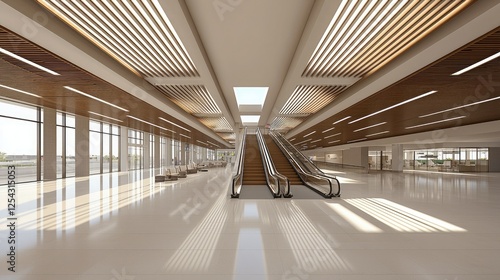 A spacious, modern interior featuring wooden accents, large windows, and escalators, enhancing natural light and open space.