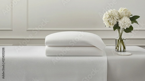 A serene display of white towels stacked on a table, accompanied by a vase of fresh flowers, creating a calm and elegant atmosphere.
