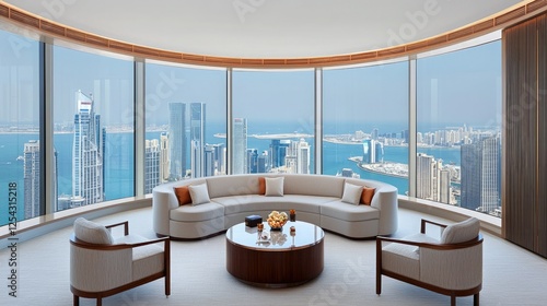A luxurious living room with panoramic views of the city skyline and ocean, featuring modern furniture and elegant decor.