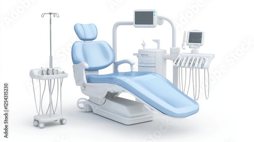A modern dental chair equipped with monitors and tools, designed for patient comfort and efficiency in a clinical setting.