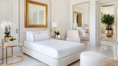 A serene, elegant bedroom featuring white decor, gold accents, large mirrors, and lush plants, creating a luxurious and inviting atmosphere.