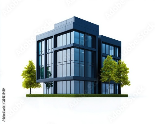 A modern office building featuring large glass windows and greenery, set against a white background.