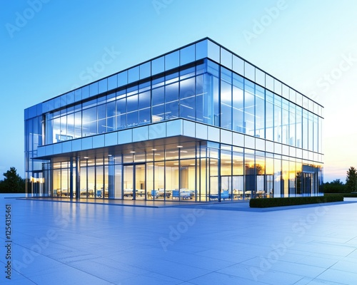 A modern glass building showcases sleek architecture and ambient lighting, situated in a serene environment at dusk.