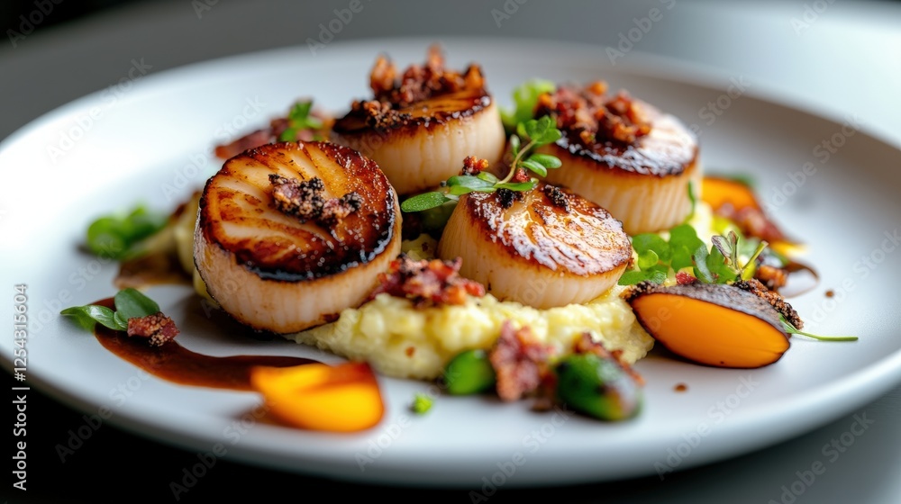 Seared scallops with bacon and cauliflower puree served on a white plate garnished with herbs Seared scallops with bacon and cauliflower puree served on a white plate garnished with herbs