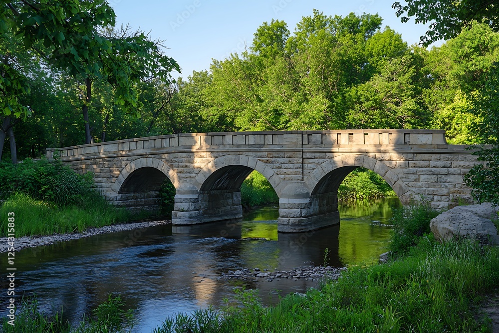 Stone bridge over river with green backdrop Stone bridge over river with green backdrop