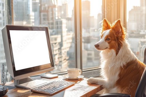 Border Collie sitting at a desk with a computer in a modern office photo