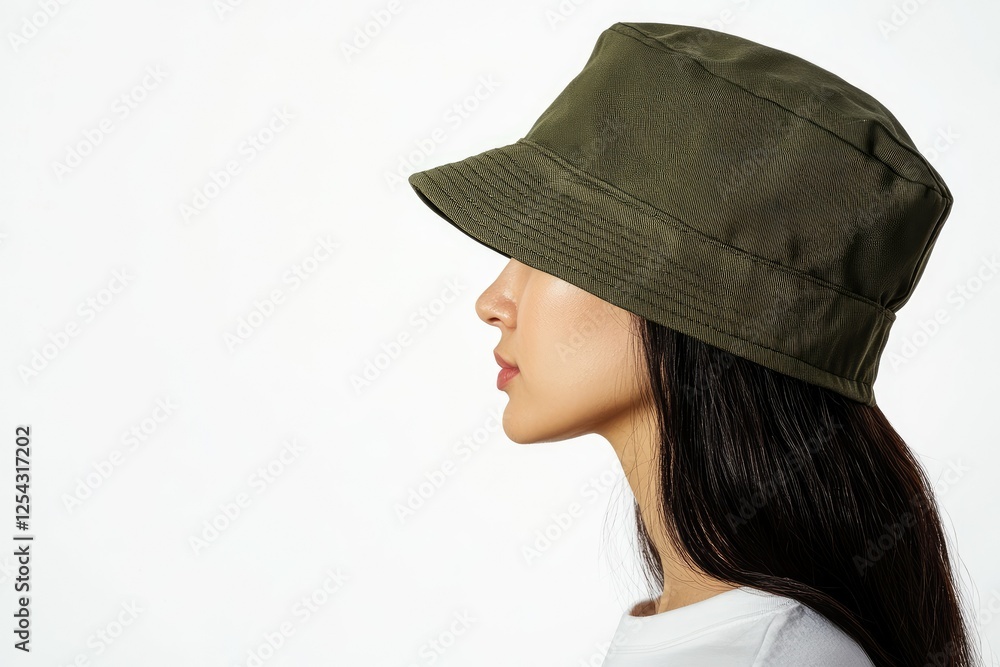 Woman Profile Wearing Olive Green Bucket Hat Woman Profile Wearing Olive Green Bucket Hat