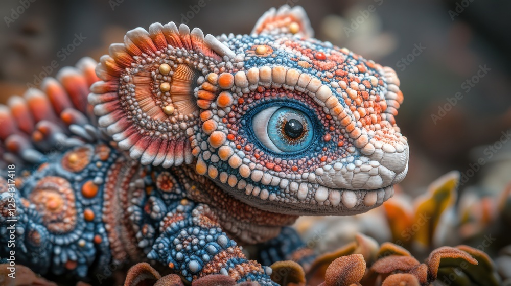Obraz premium Colorful Chameleon Perched on Plant amidst Vibrant Leaves, Shimmering Scales
