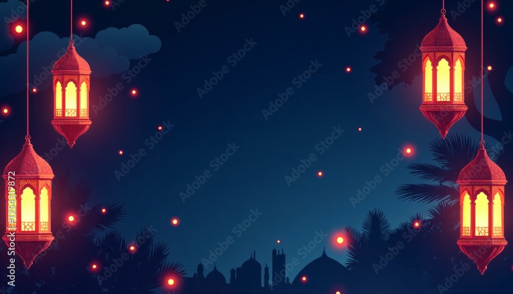 Obraz premium Ramadan and Eid Al Fitr banner,card,poster, Modern Neon Ramadan Lantern with copy space.