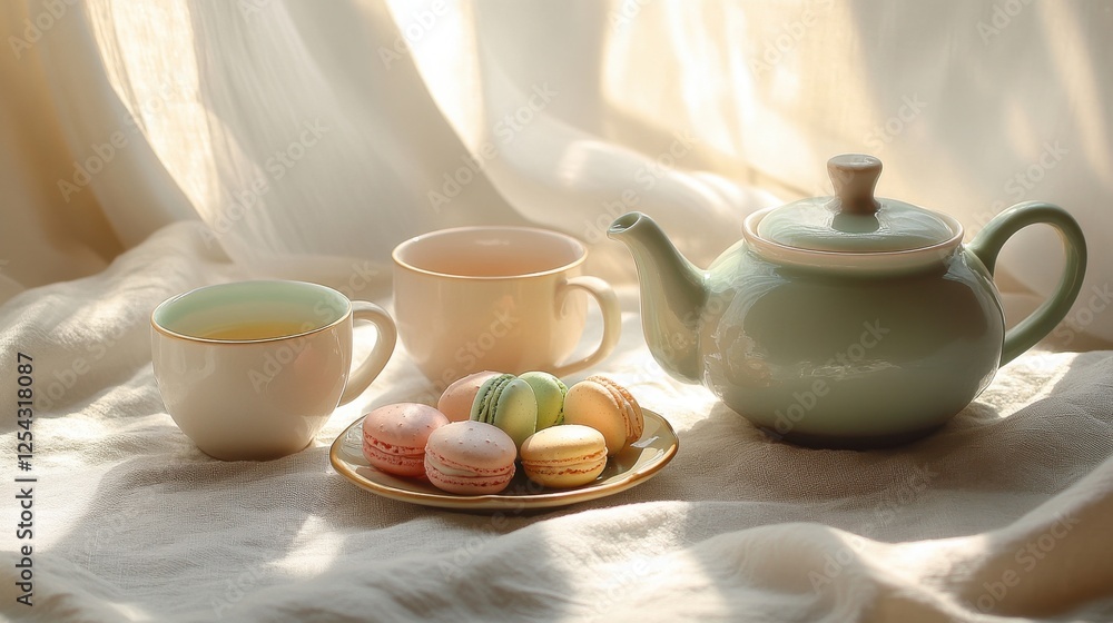 Cozy Afternoon Tea Setup with Delicate Cakes and Elegant White Teapot