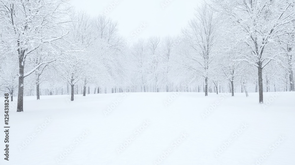 Snowy trees in a park, serene winter landscape, perfect for backgrounds Snowy trees in a park, serene winter landscape, perfect for backgrounds