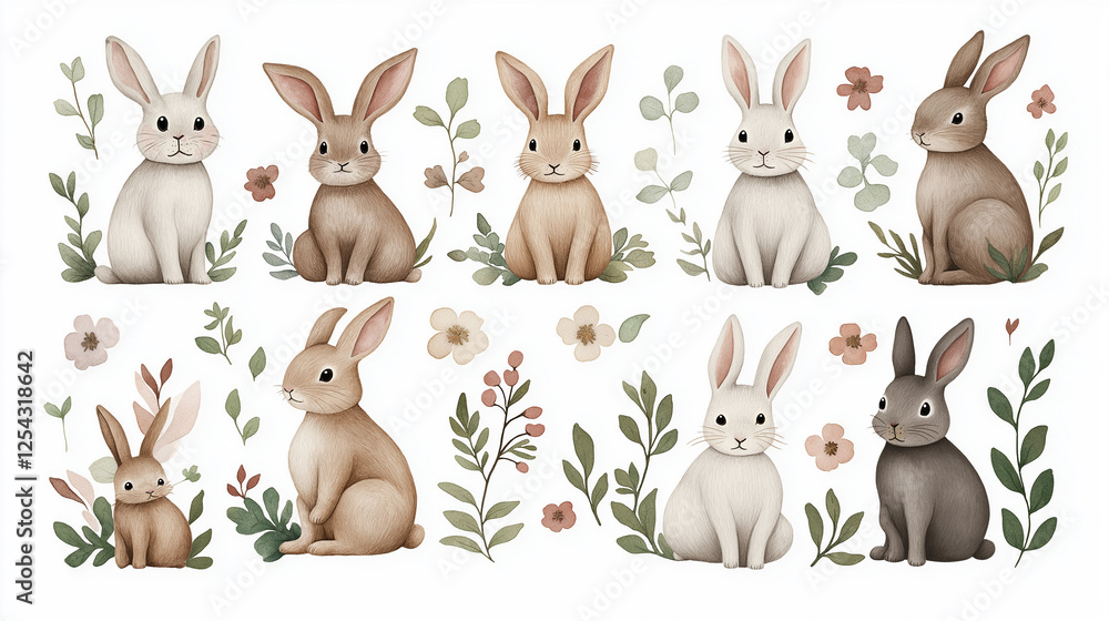 Naklejka premium Charming Bunny Collection: A delightful collection of watercolor bunnies, each with its unique charm and personality, nestled amongst delicate floral accents and lush greenery.