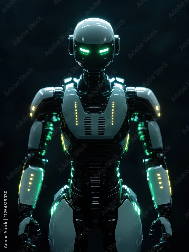 Fototapeta premium Humanoid robot with glowing features stands confidently in a dark environment. Generative AI