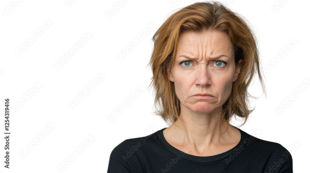 Serious adult woman frowning with transparent background Serious adult woman frowning with transparent background