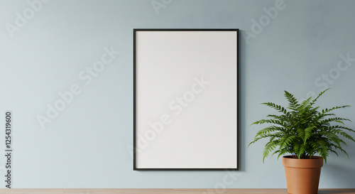 Blank Frame Mockup with Plant on Blue Wall Background for Display