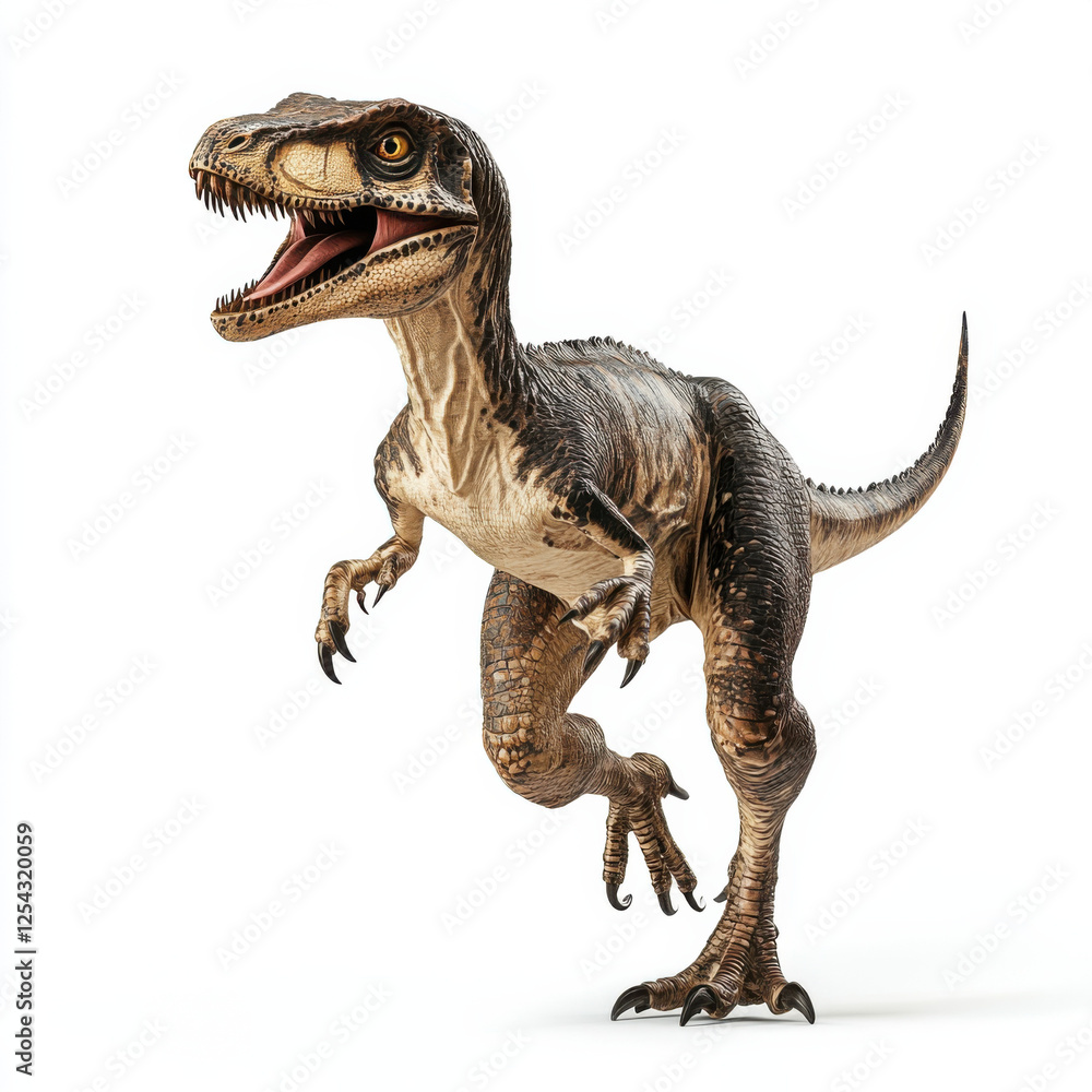 Obraz premium Dynamic illustration of a velociraptor running against a white background. Perfect for dinosaur-themed designs, educational materials, and creative projects. Detailed and energetic artwork.