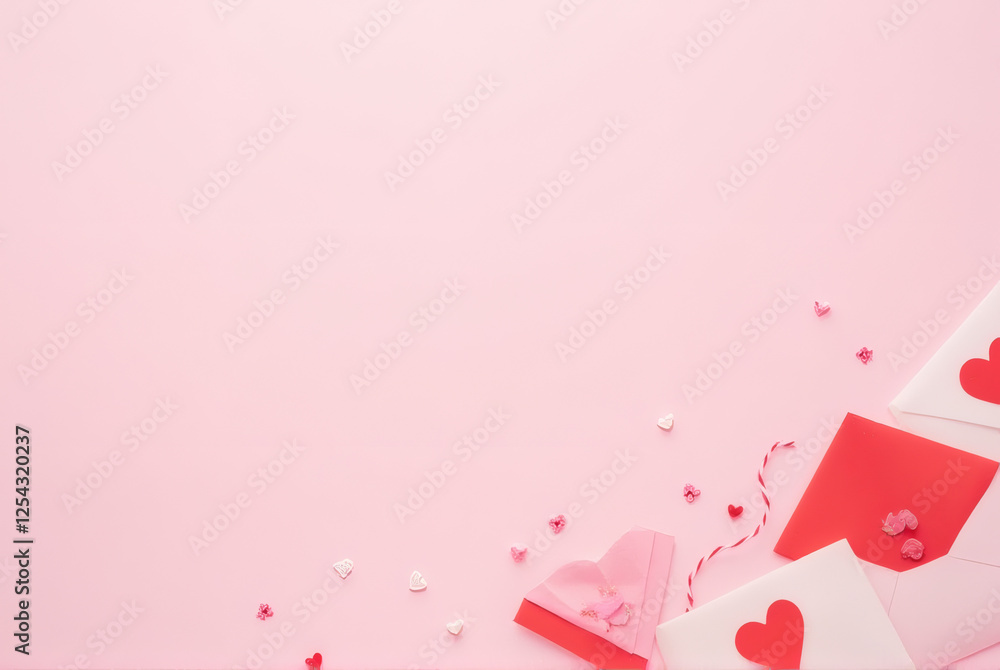 Valentine's Day Envelopes and Heart Confetti on Pink Valentine's Day Envelopes and Heart Confetti on Pink